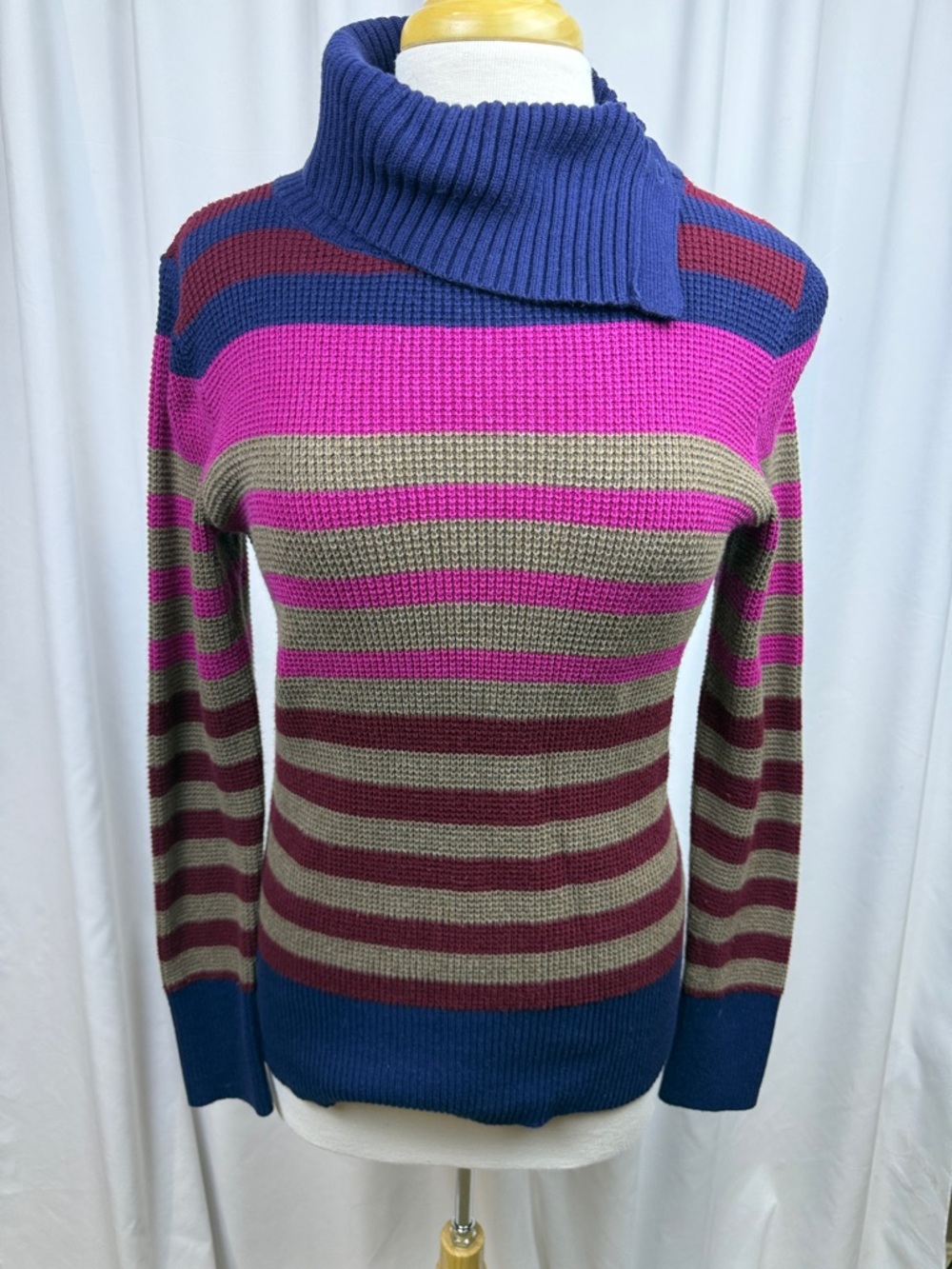 Eddie Bauer Striped Cowl Neck Sweater - Navy, Fuchsia, Brown, & Burgundy, Small